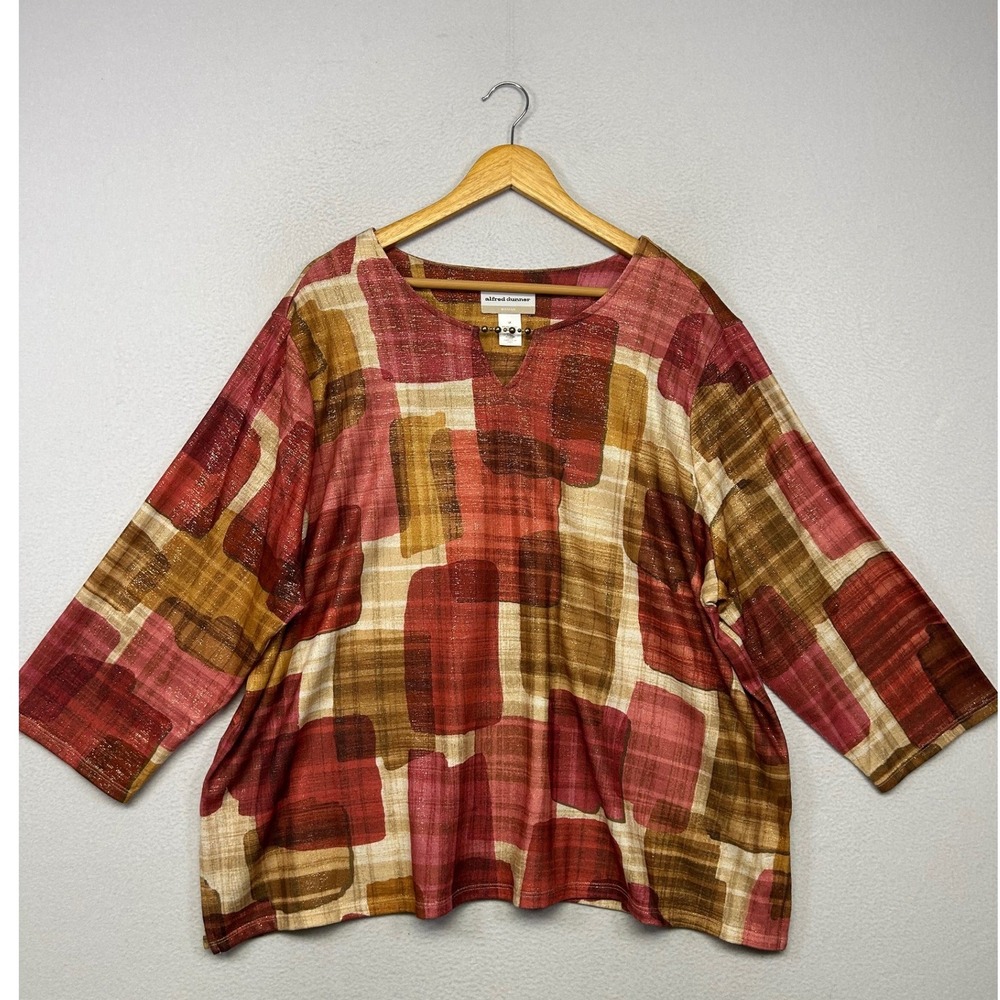 Art Deco Alfred Dunner Woman 3X Red Gold Abstract Metallic 3/4 Sleeve Top Office